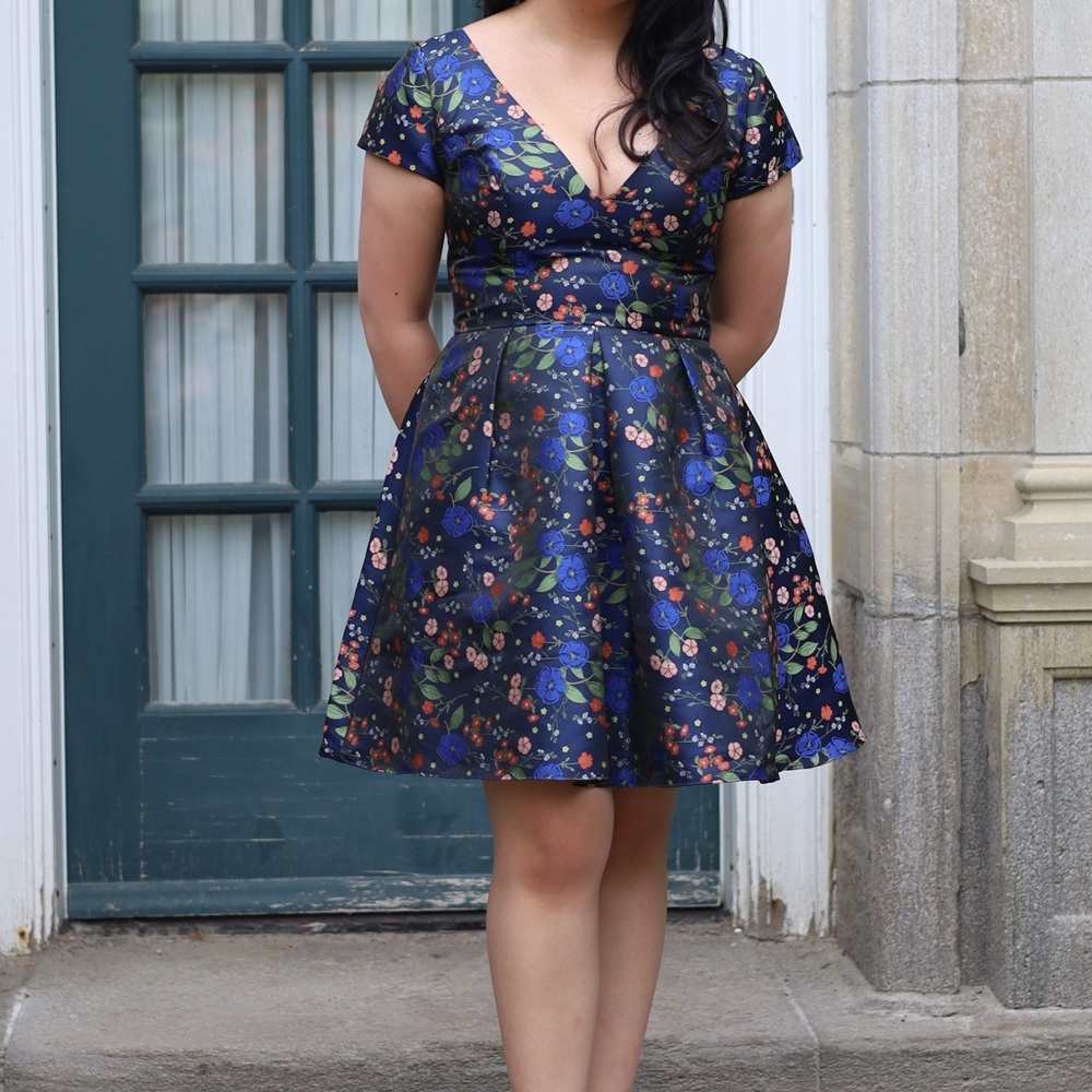 floral jacquard short a-line dress